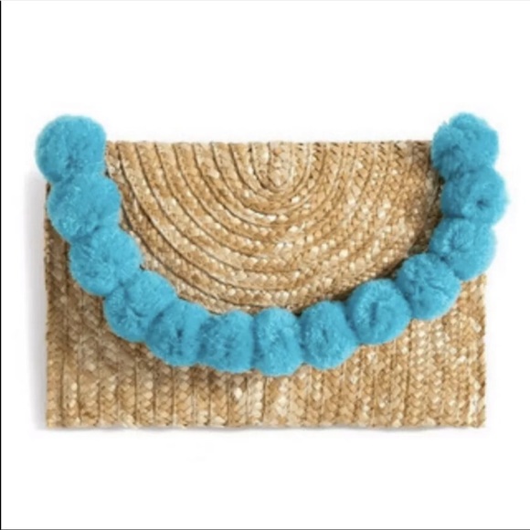 Shiraleah Chicago Fortuna Straw Turquoise Pom Pom Clutch Handbag - Picture 1 of 9